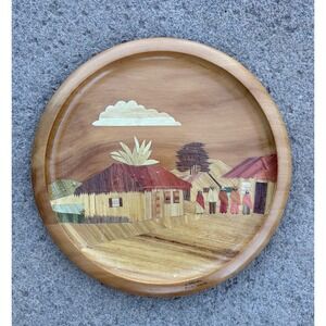C Sanchez Pasto Narino Straw Marquetry Wood Plate Colombian Folk Art Village